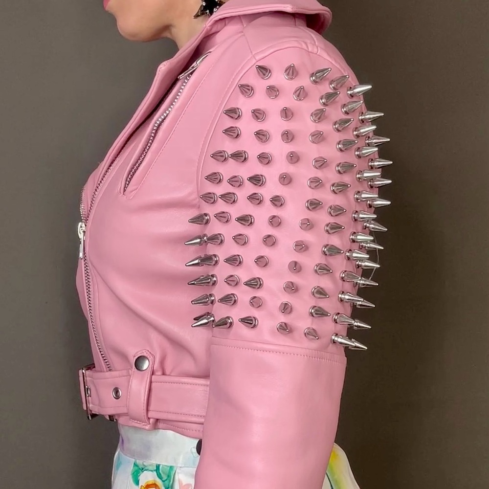 Killstar Disharmony Spike Studded Pink Vegan Leather Moto Jacket - Picture 3 of 13